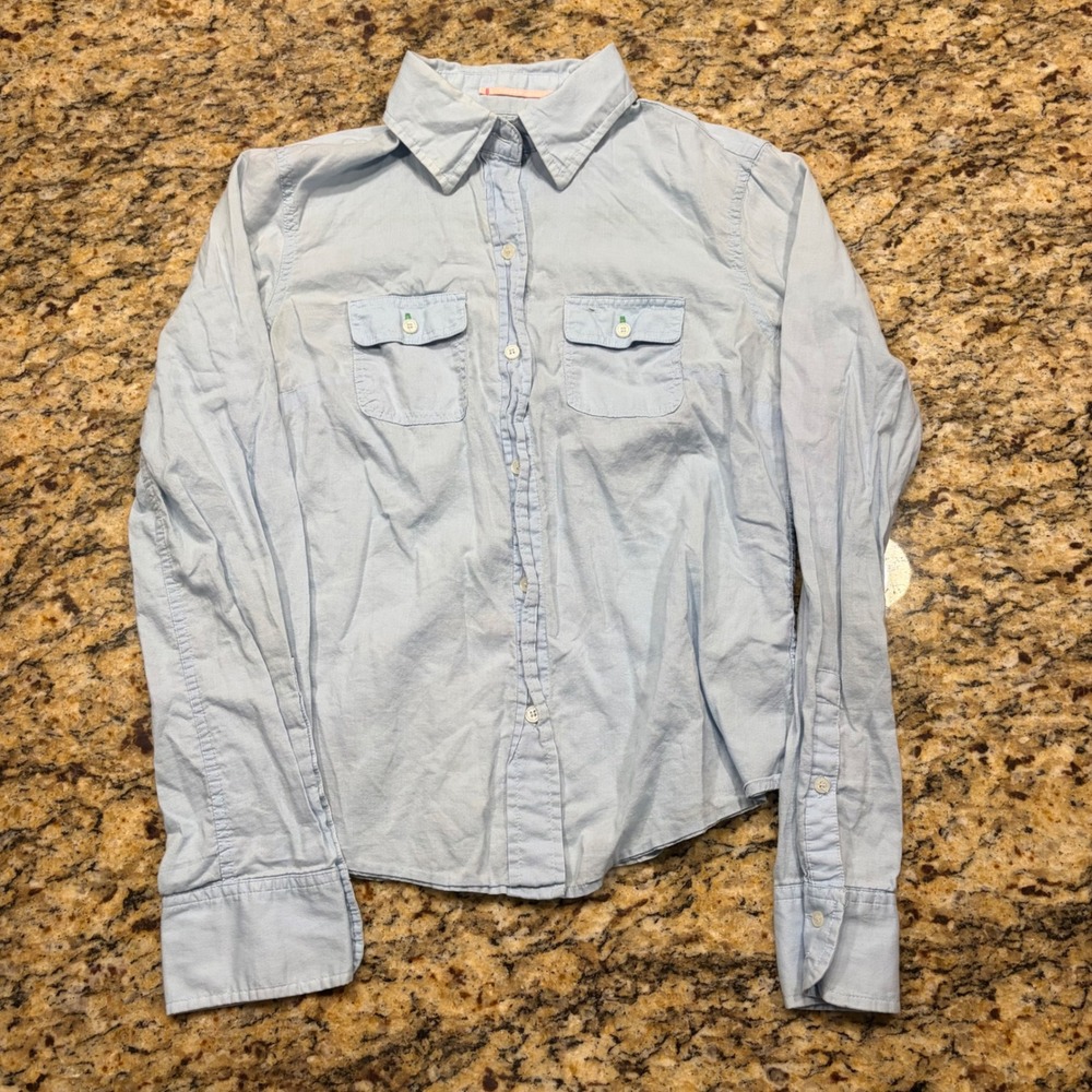 American Eagle Blue Polka Dot Button Down Shirt Sheer Favorite Fit 2 ws